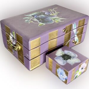 Painted Vintage Urplecand Gold Jewelry Box with Bonus Trinket Box